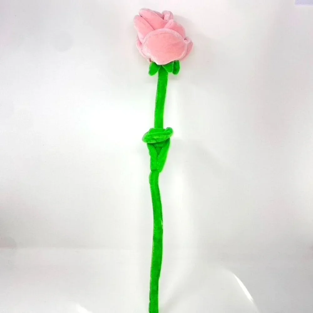 Velour Plush Pink Long Stem Rose Decor Valentines Gift Toy Pretend Play